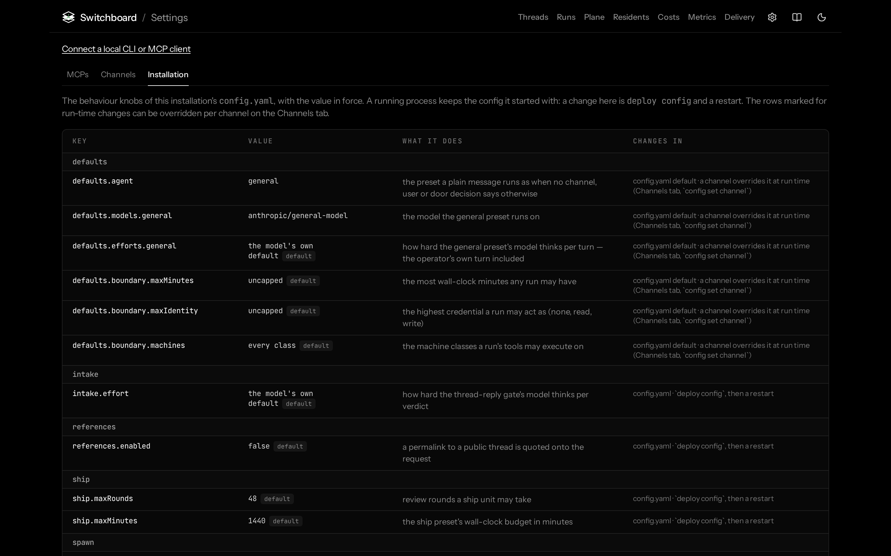 Installation settings dark
